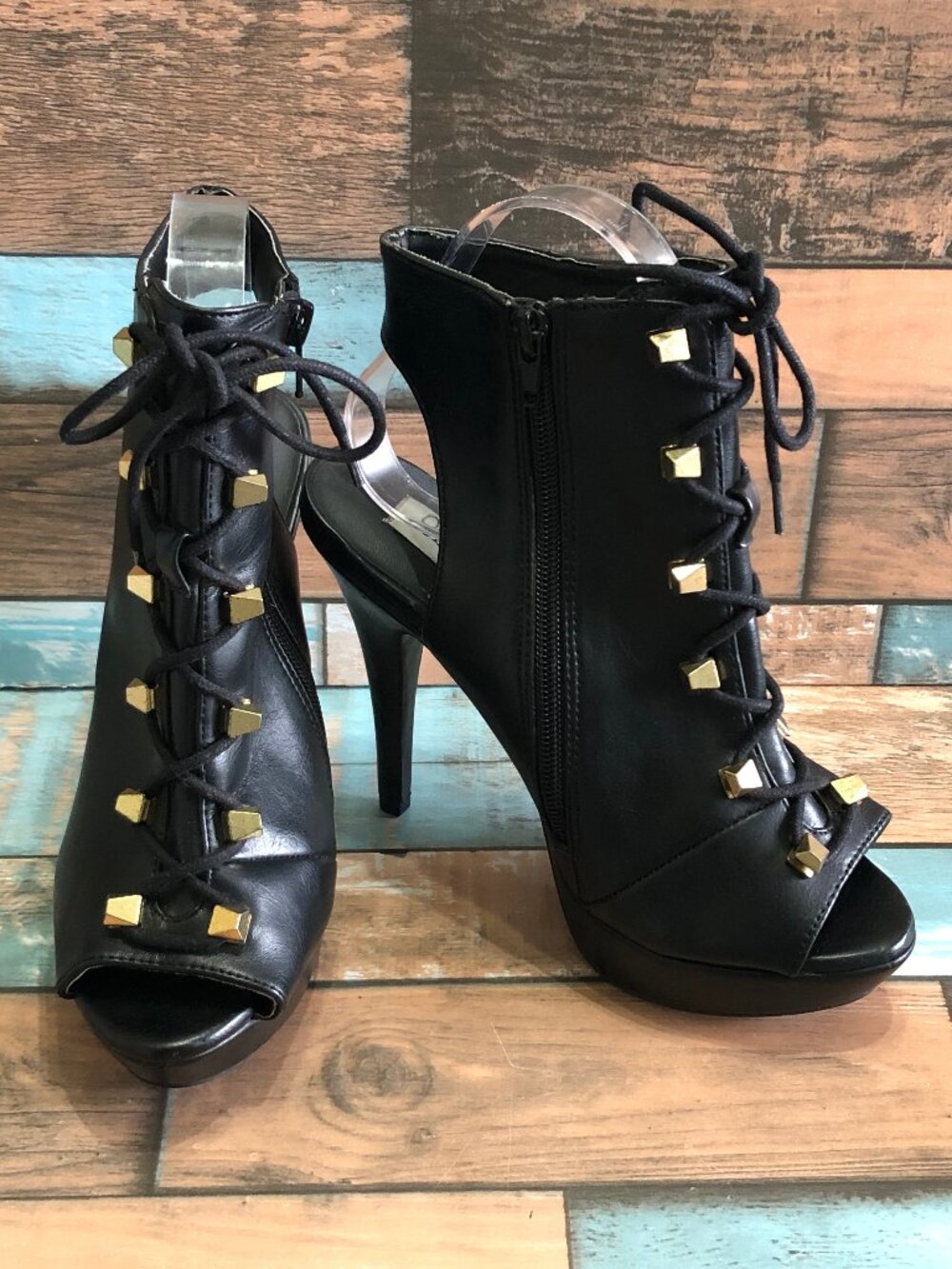 Olsenboye Booties Women's Size 7 M Zip Up Laces Studded Stiletto Heels Black